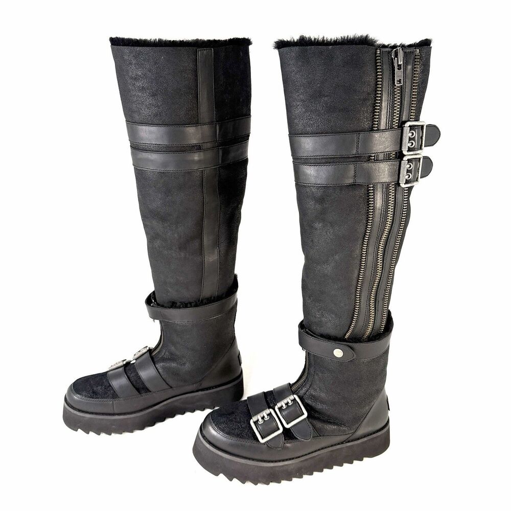 UGG Moto Punk OTK Boot Black Biker Buckle Zipper Round Toe Women's Size 10